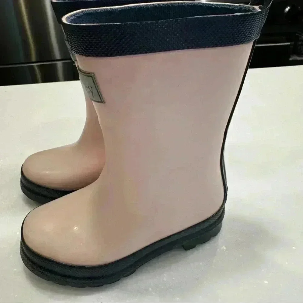Hatley Little Girls Solid Pink Navy Trim Rain Boots Size 6